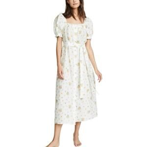 Sleeper Brigitte Linen White Yellow Floral Midi Dress XS NEW Mimosa Puff Sleeve